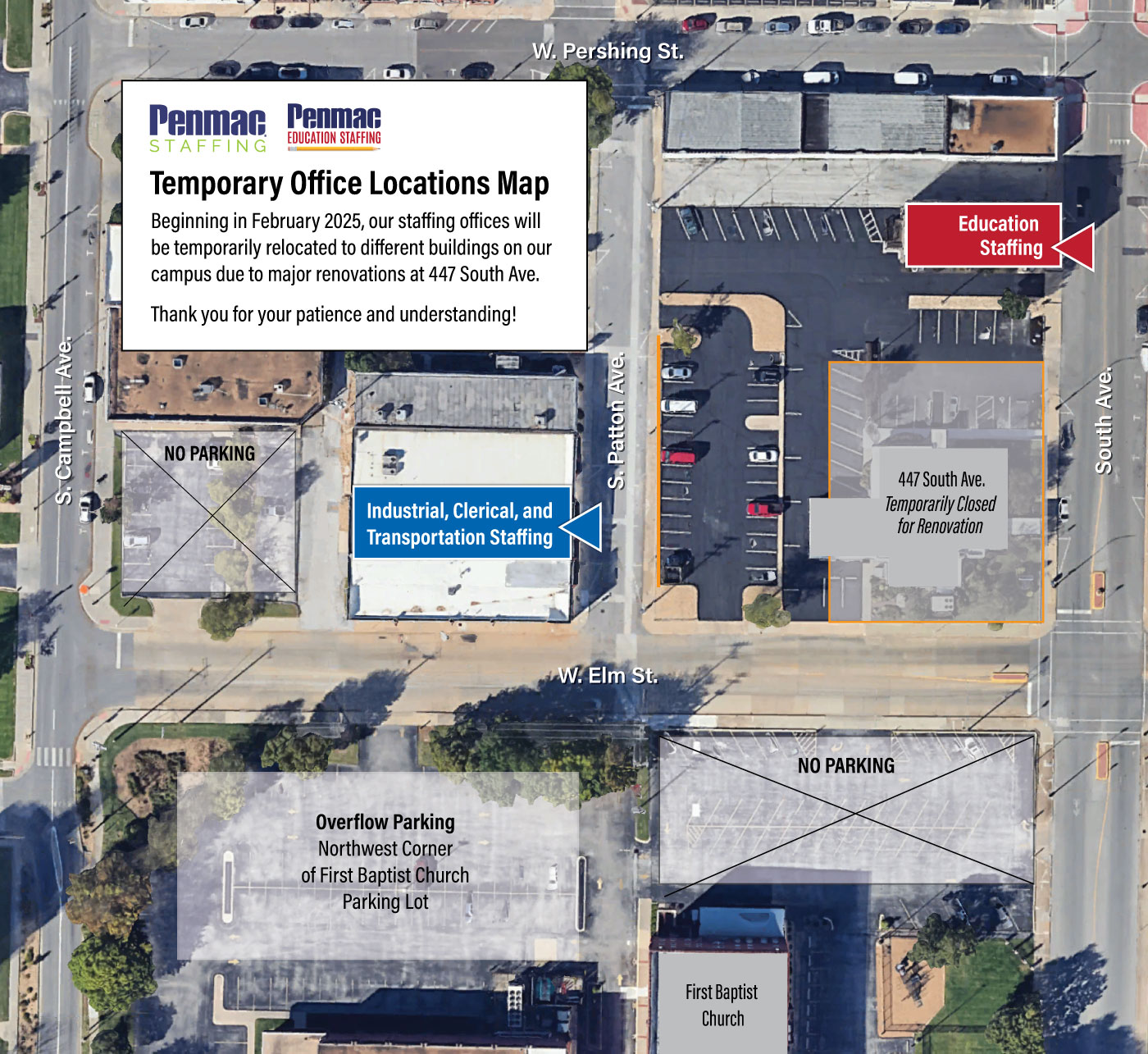 A map indicating that Penmac Education Staffing office is temporarily located at 435 South Avenue, and the Penmac Industrial, Clerical, and Transportation Staffing offices are temporarily located at 451 South Patton Avenue.